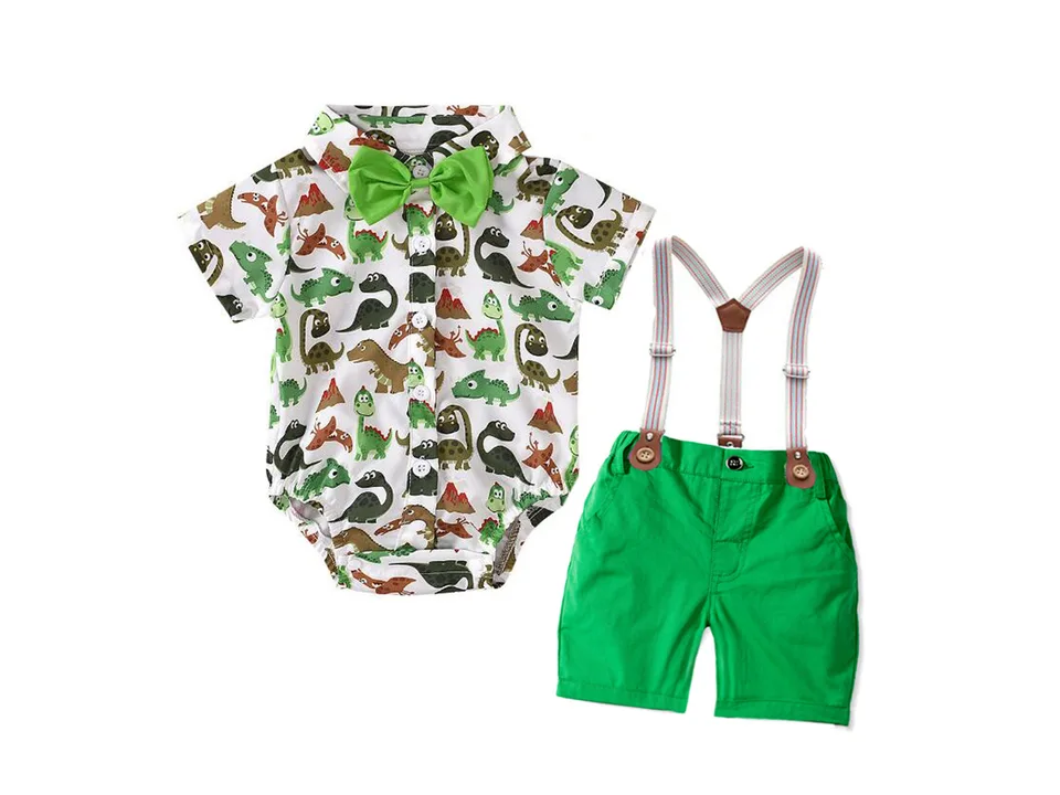 Baby boy dinosaur print romper and green shorts set with suspenders and bow tie.