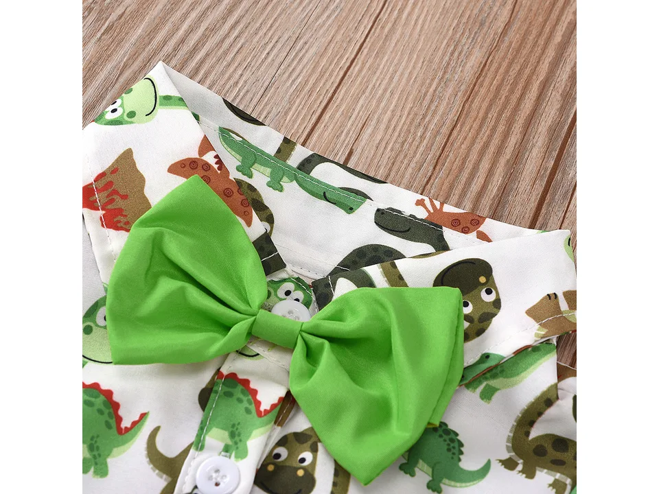 Close-up of the dinosaur print romper collar and green bow tie.