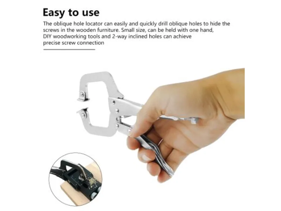 Hand holding a locking C-clamp used with the pocket hole jig.