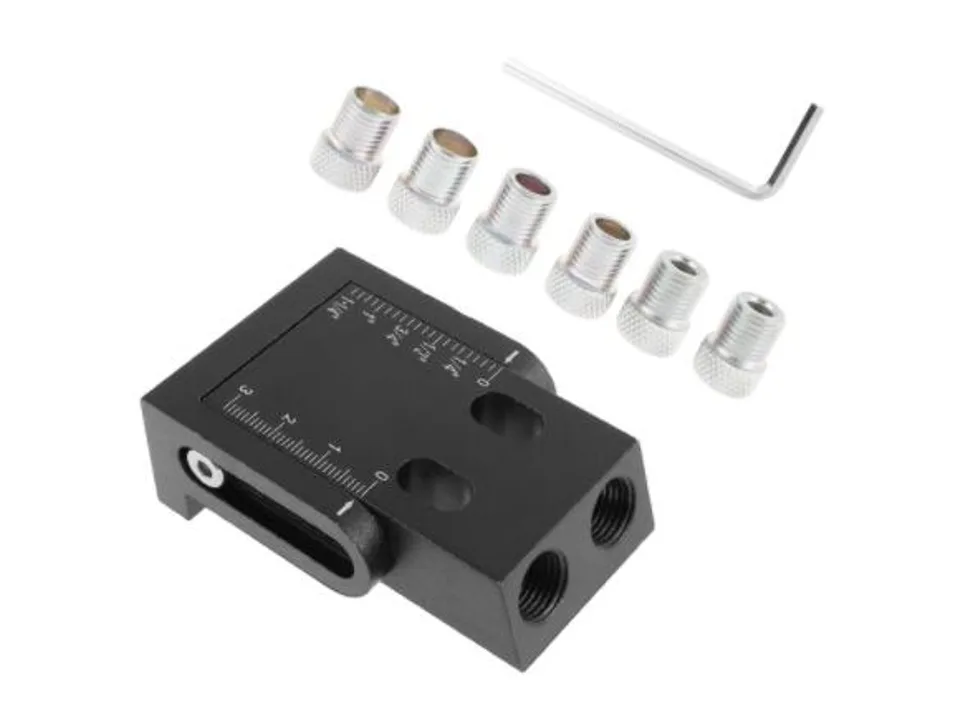 Pocket hole jig kit with drill guide, drill bits, and accessories.