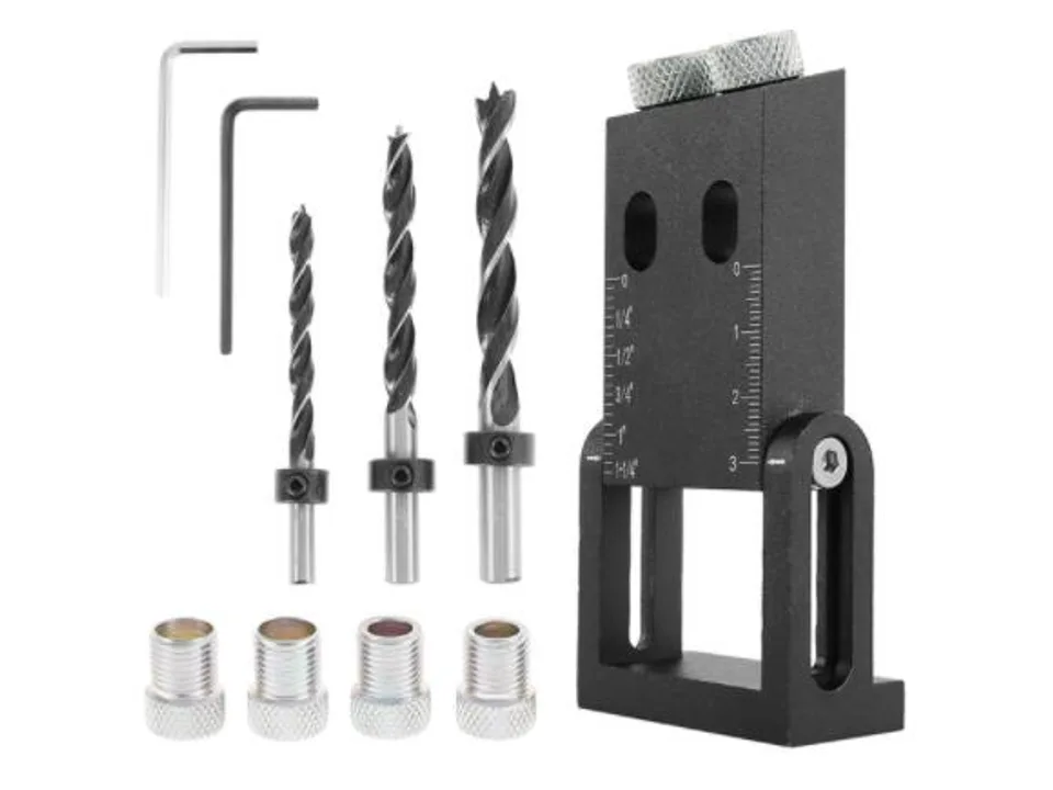 Pocket hole jig components including drill bits, guide, and screws.