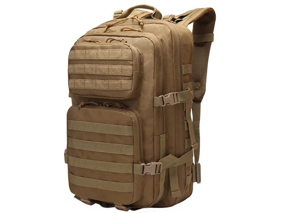 Brown tactical backpack, 3/4 view