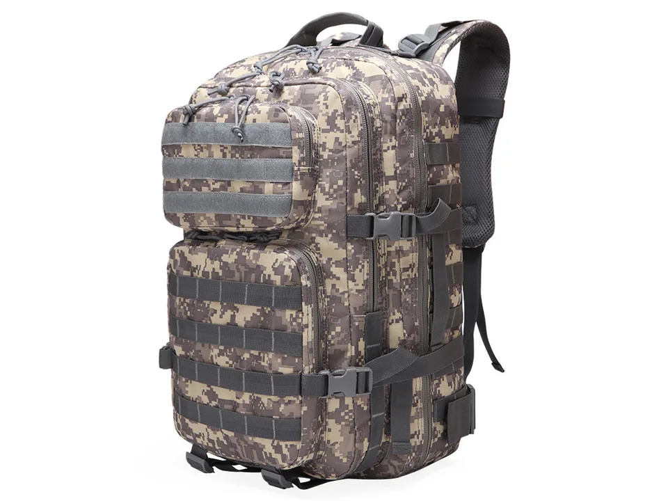 Camouflage tactical backpack, 3/4 view