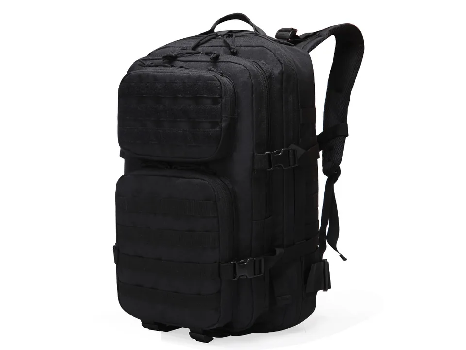 Black tactical backpack, 3/4 view
