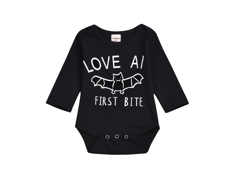Black long-sleeve baby bodysuit with a bat graphic and text 'Love at first bite' on a white background.