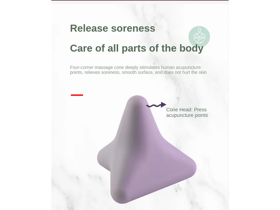 A purple silicone massage tool with an arrow pointing to the tip for acupuncture point pressure.