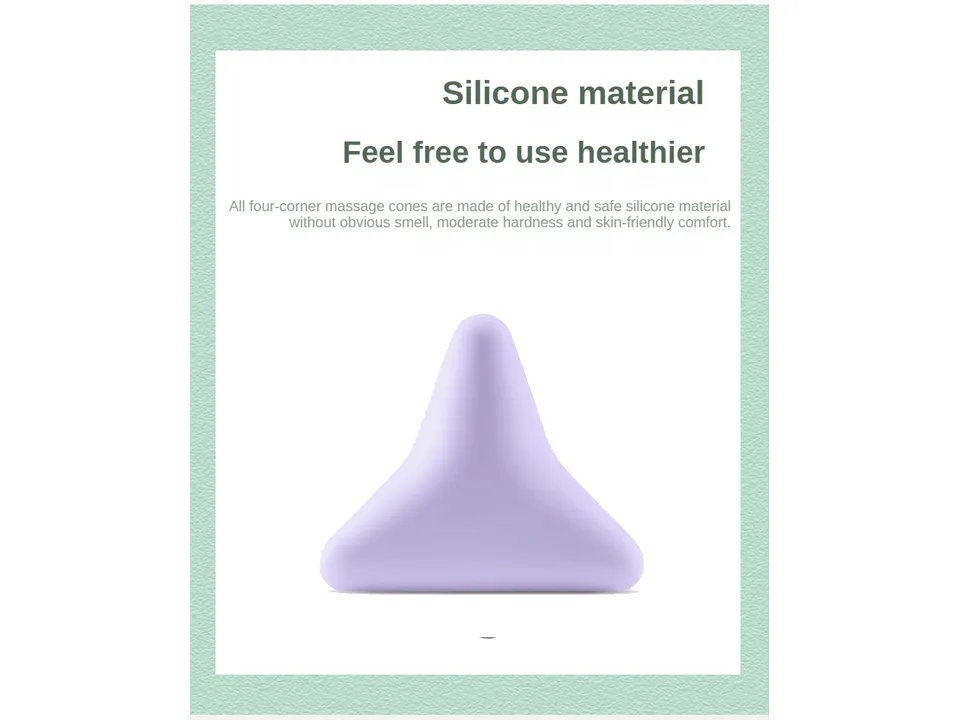 A purple silicone four-corner massage tool on a light green background.