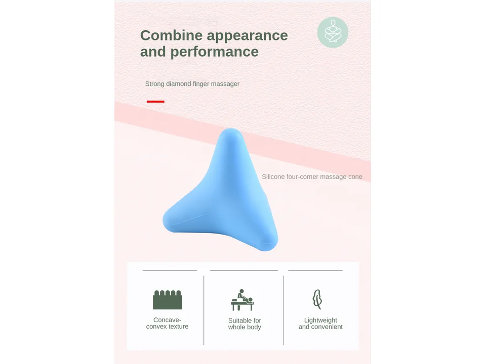 A blue silicone massage tool with icons describing its texture, use, and portability.