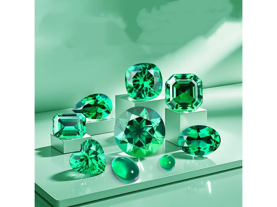 A collection of various shaped green emerald gemstones displayed on white pedestals.