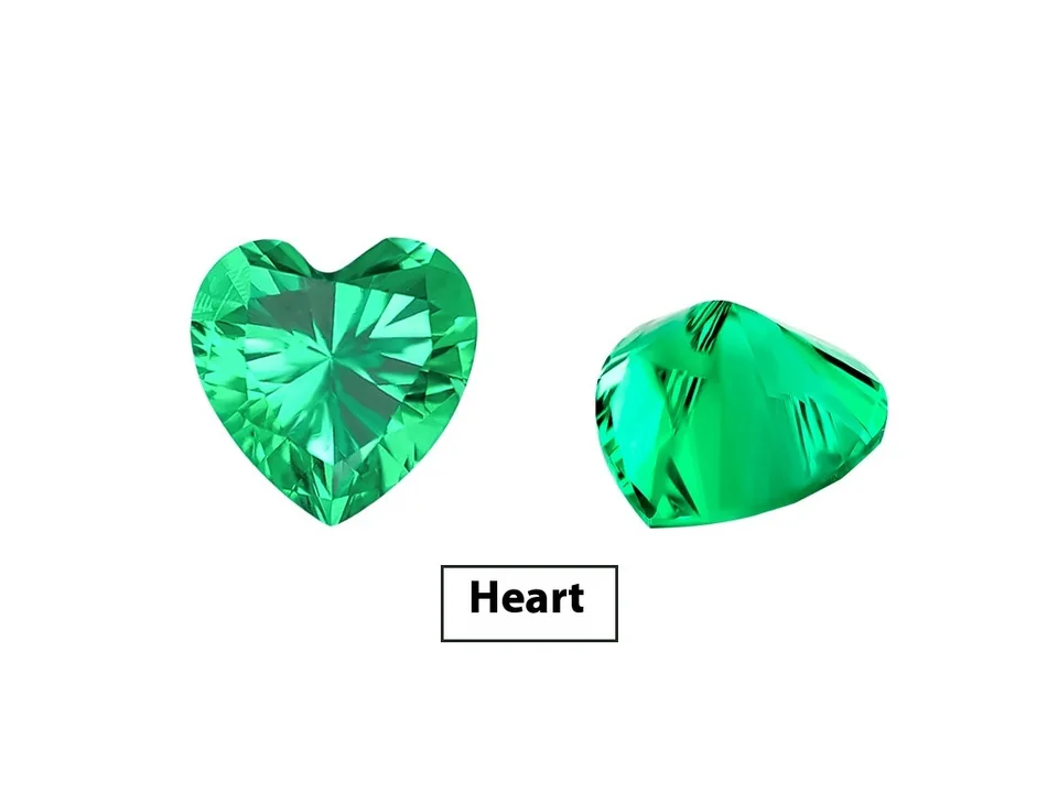 A heart-shaped green emerald gemstone shown from top and side angles.