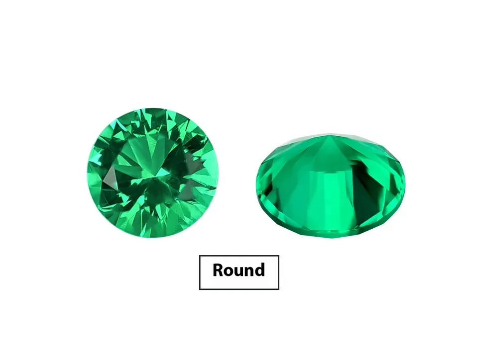 A round cut green emerald gemstone shown from top and side angles.