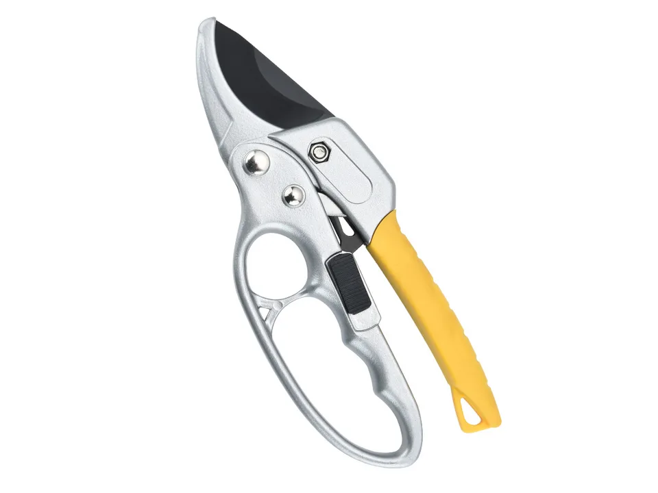 Two pairs of pruning shears shown together, labeled with key features like SK-5 steel and segmented design.