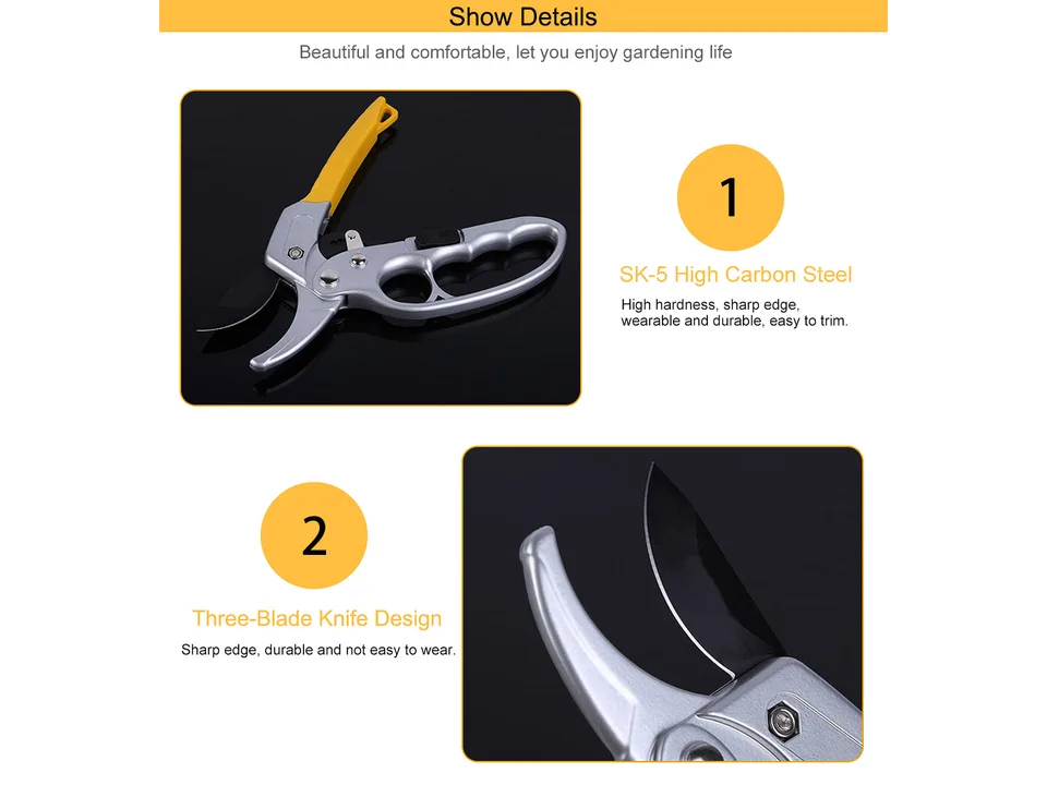 A pair of silver and yellow pruning shears on a white background.