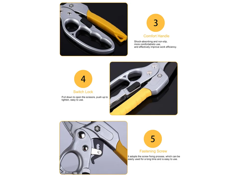 Pruning shears with labels pointing to the sharp knife, fastening screw, comfort handle, and switch lock.