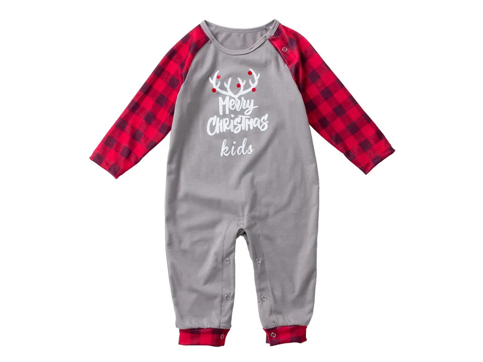 Baby Christmas romper with grey body, red plaid sleeves, and reindeer print.