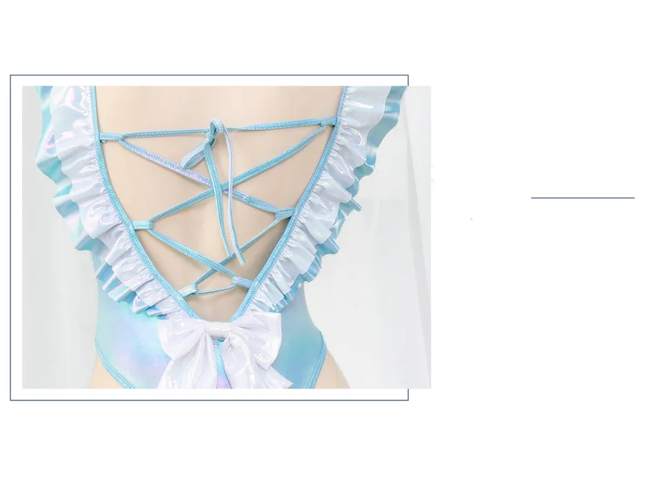Close-up of the back of the swimsuit showing the lace-up detail and white bow.