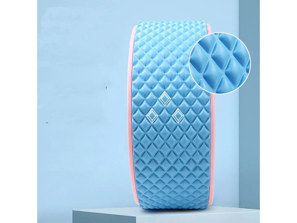 Close-up of the textured surface of a blue yoga wheel.