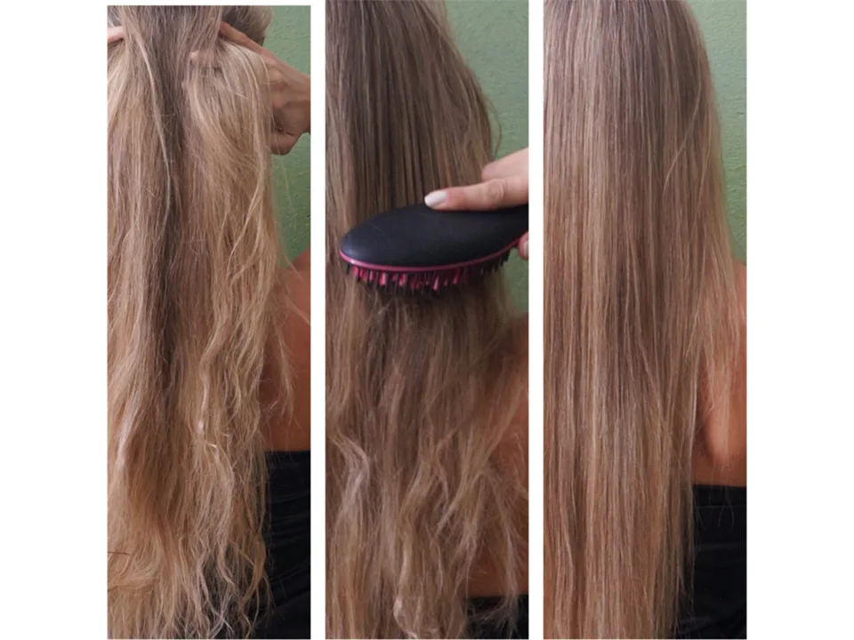 Three-part image showing hair before, during, and after using the straightening comb.