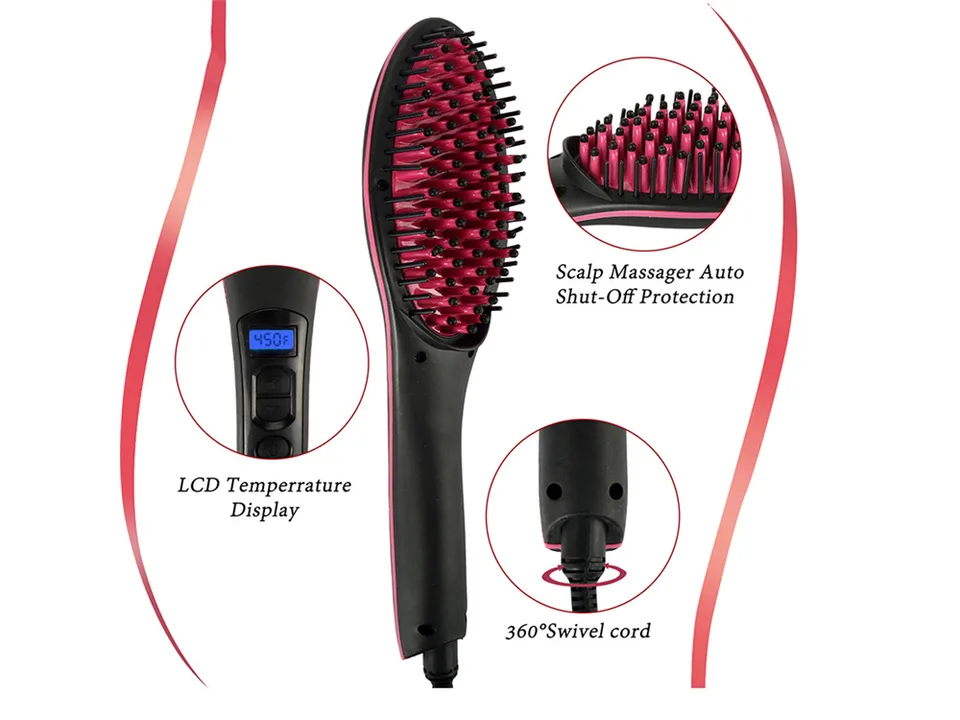 Close-up views of the hair straightening comb showing the LCD temperature display, bristles, and swivel cord.