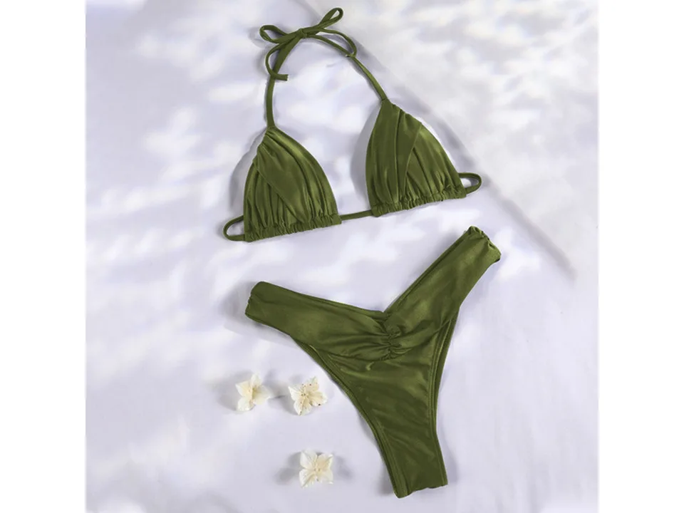 An olive green two-piece bikini set laid flat.