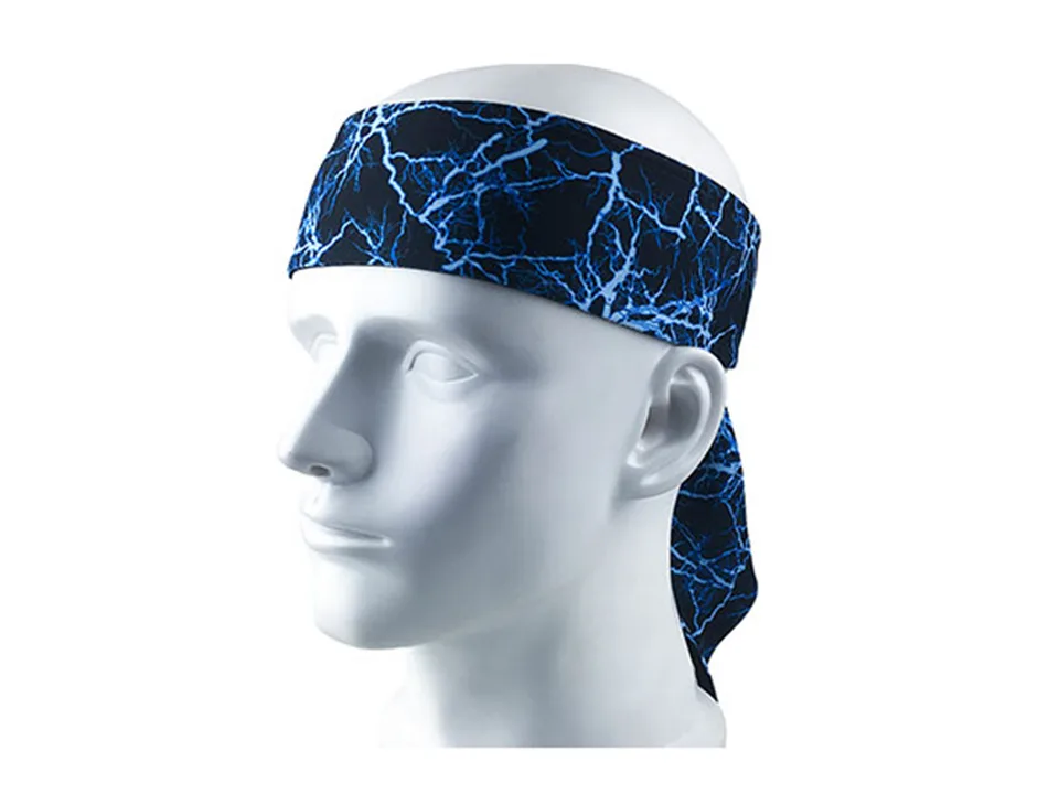 A blue lightning pattern sports headband worn on a mannequin head.