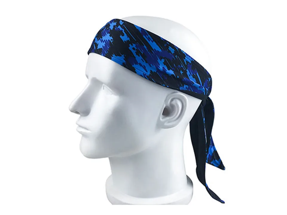 A blue camouflage sports headband worn on a mannequin head.