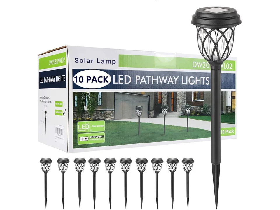 A box of 10 solar pathway lights with one light standing in front.