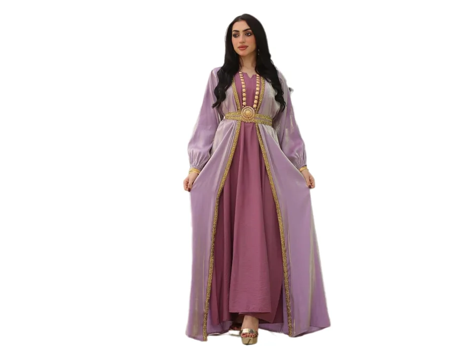 A woman wearing a long, purple maxi dress with a matching light purple jacket and a gold belt.