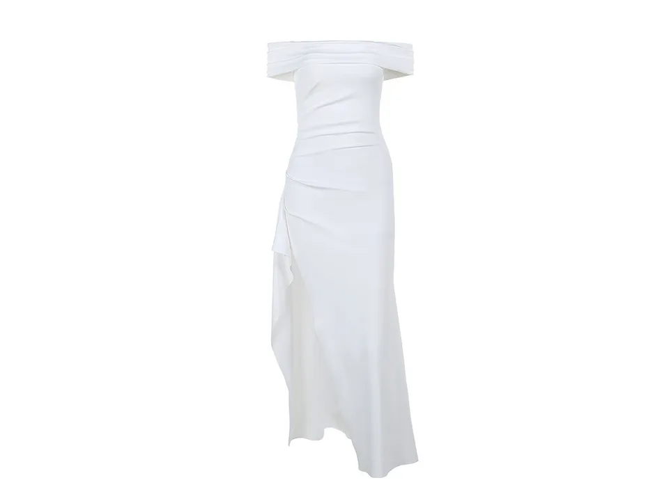 White off-shoulder bodycon maxi dress with a high slit