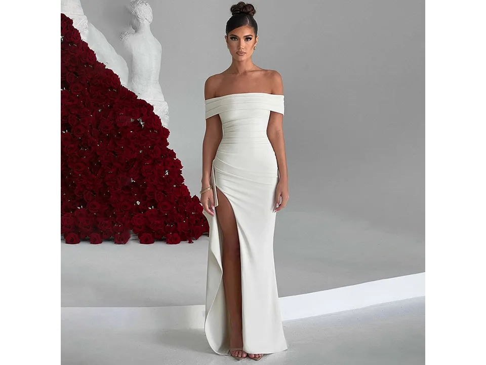 Model wearing the white off-shoulder maxi dress