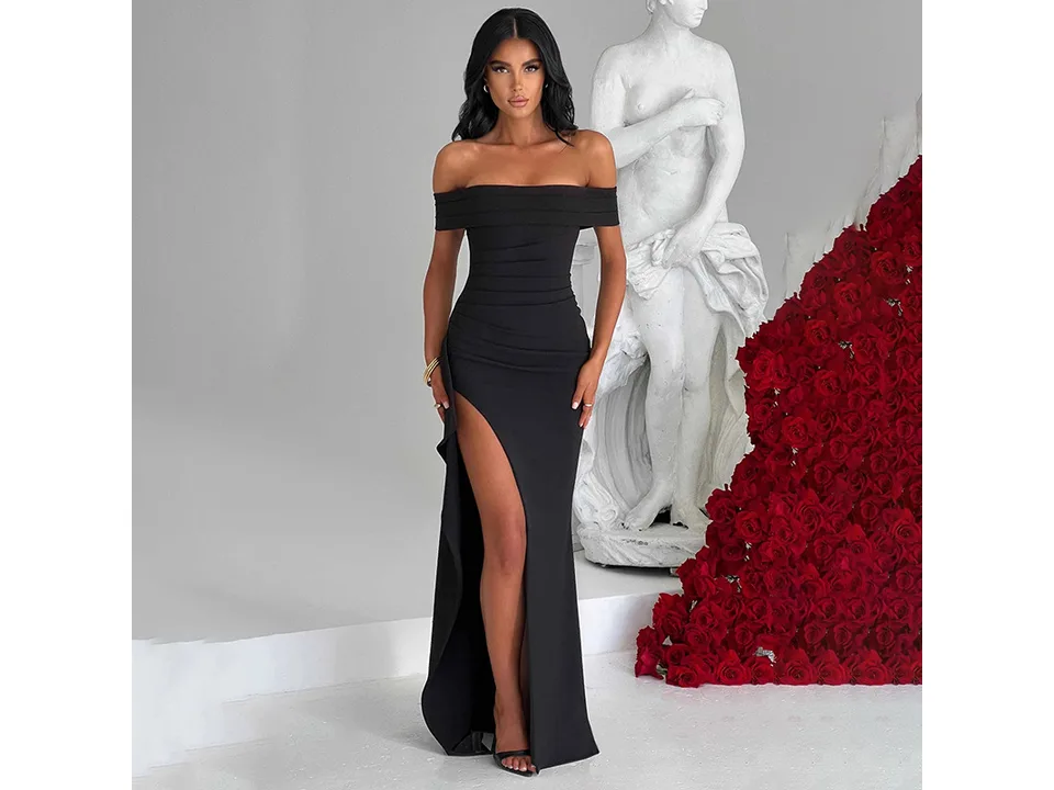 Model wearing the black off-shoulder maxi dress