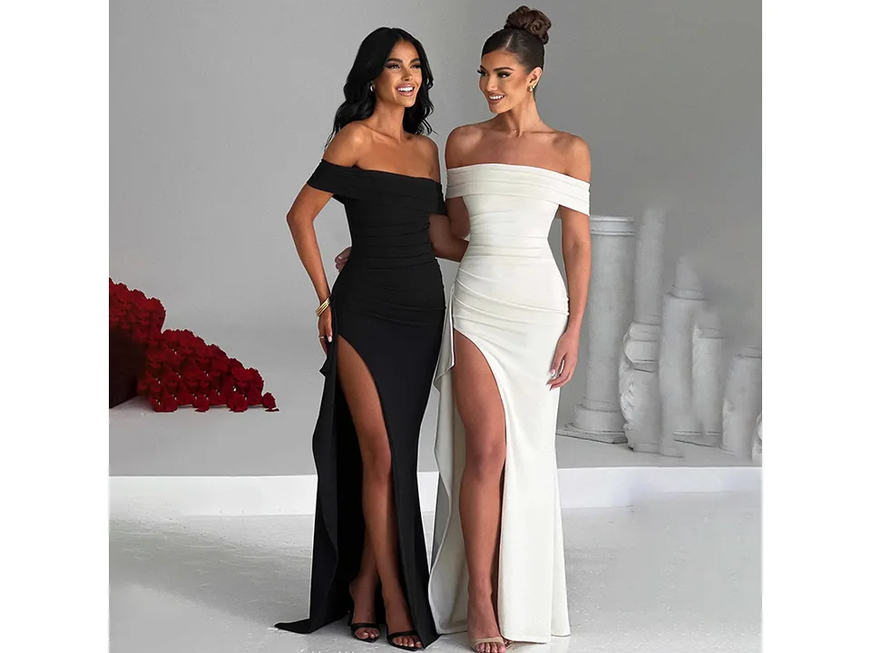 Two models wearing the off-shoulder maxi dress in black and white