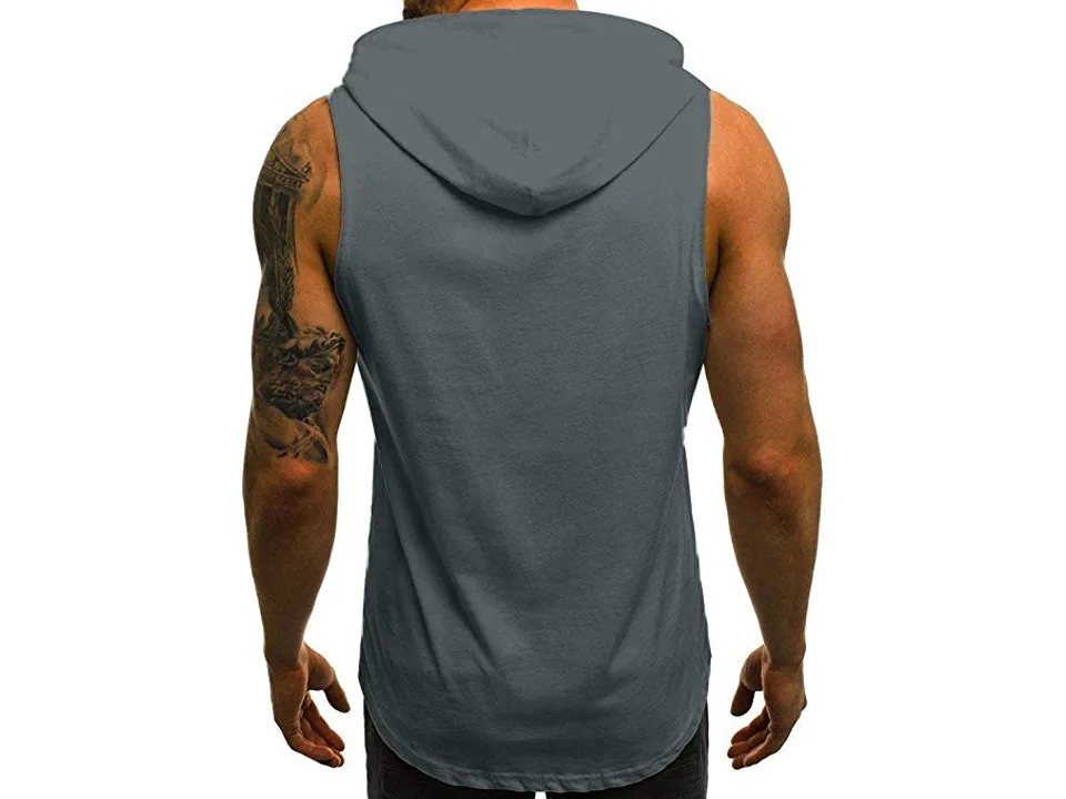 Back view of a man wearing a grey sleeveless hooded vest.