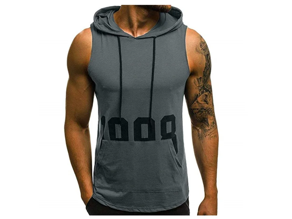 Front view of a man wearing a grey sleeveless hooded vest with a front pocket.