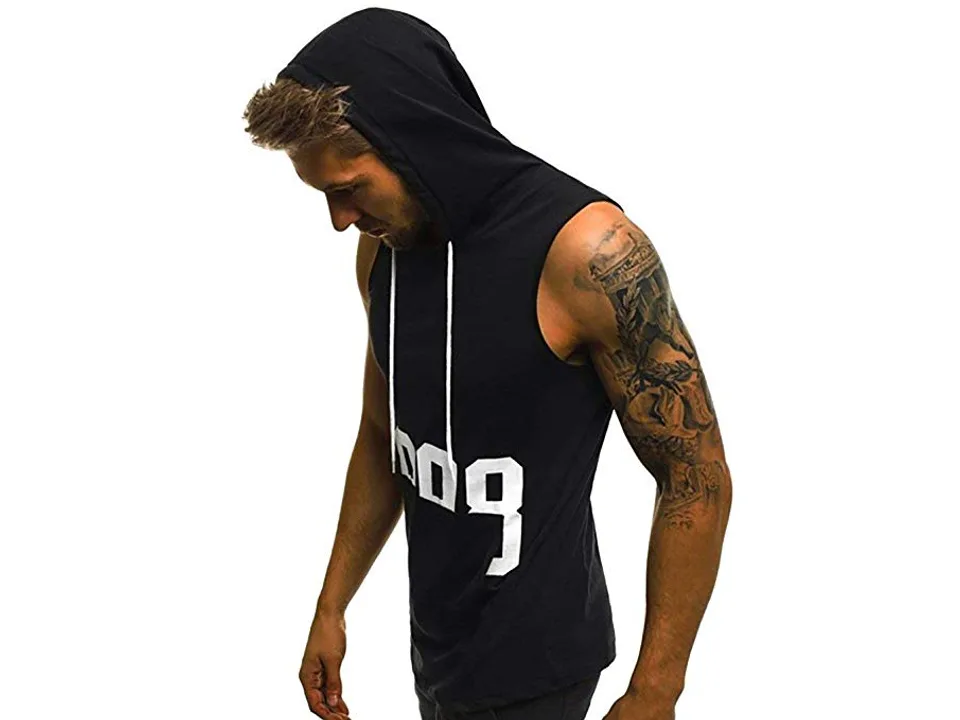 Side view of a man wearing a black sleeveless hooded vest.