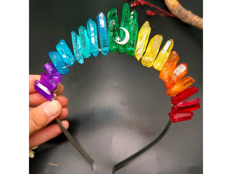 Rainbow crystal crown headband with a small moon charm.