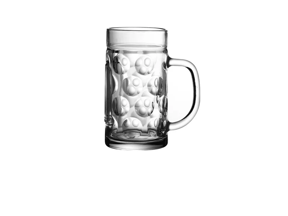 A clear glass beer mug with a dimpled texture and handle.