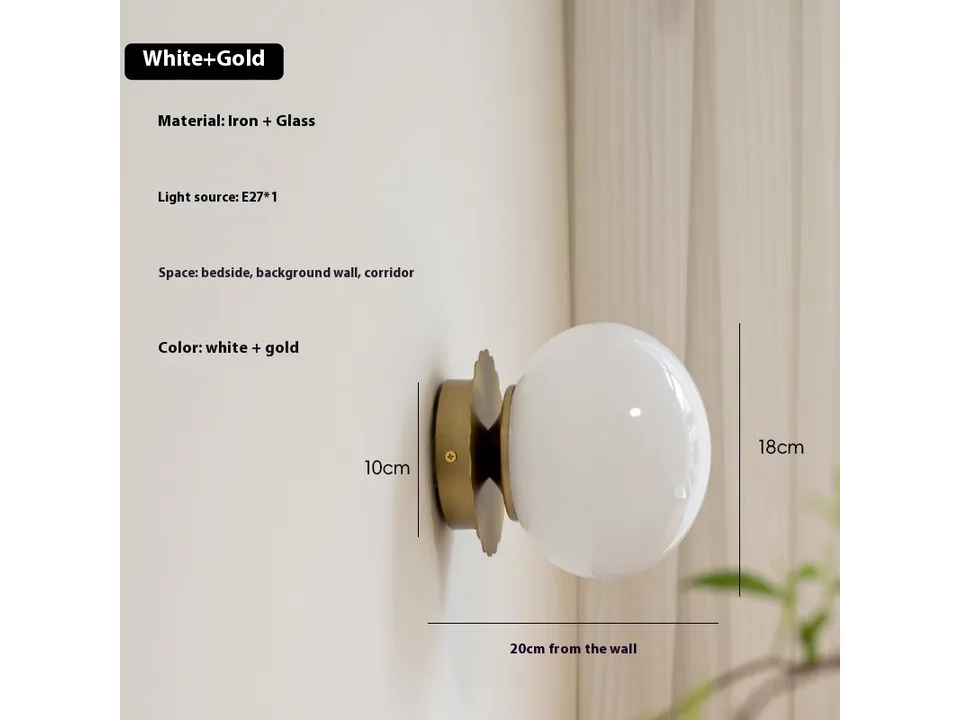 White glass wall lamp with gold base, showing dimensions of 10cm base and 18cm globe.