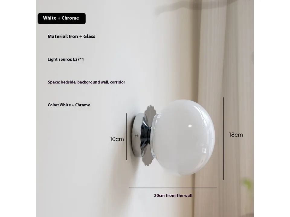 White glass wall lamp with chrome base, showing dimensions of 10cm base and 18cm globe.