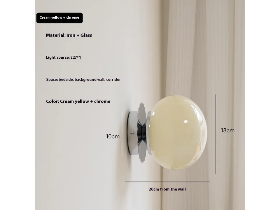 Cream yellow glass wall lamp with chrome base, showing dimensions of 10cm base and 18cm globe.