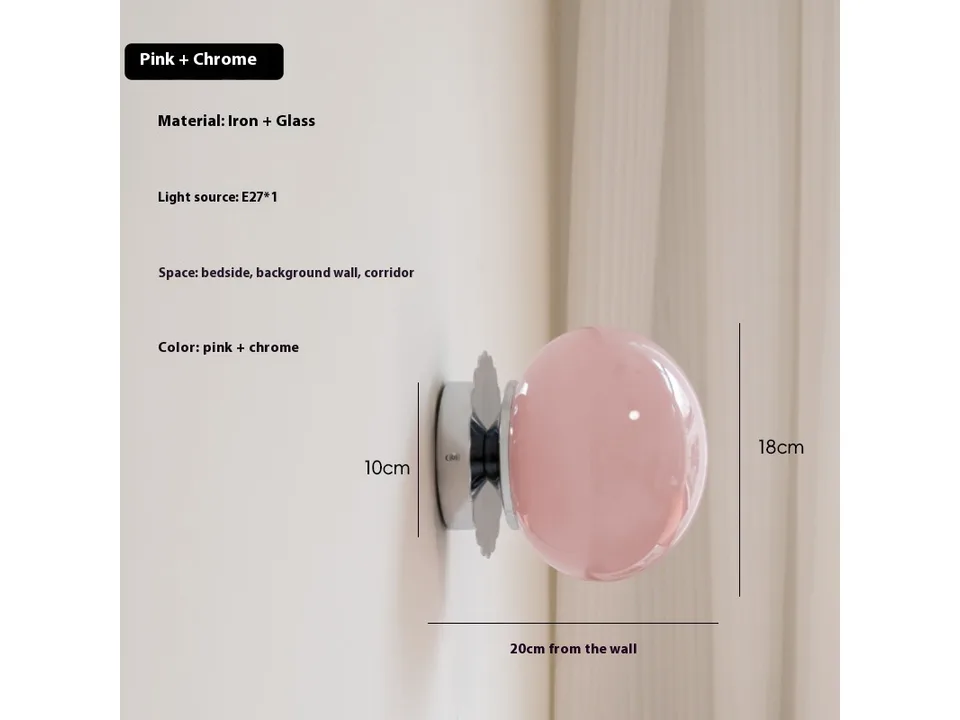 Pink glass wall lamp with chrome base, showing dimensions of 10cm base and 18cm globe.