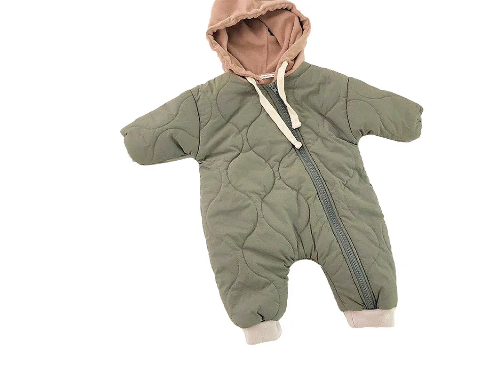 Olive green baby hooded jumpsuit with quilted texture.