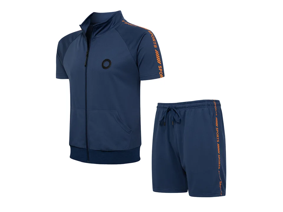 A blue athletic short sleeve zip-up top and matching shorts set.