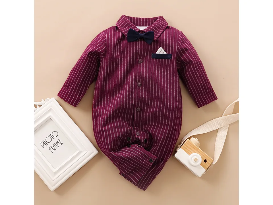 Full view of the maroon striped baby romper with a bow tie.