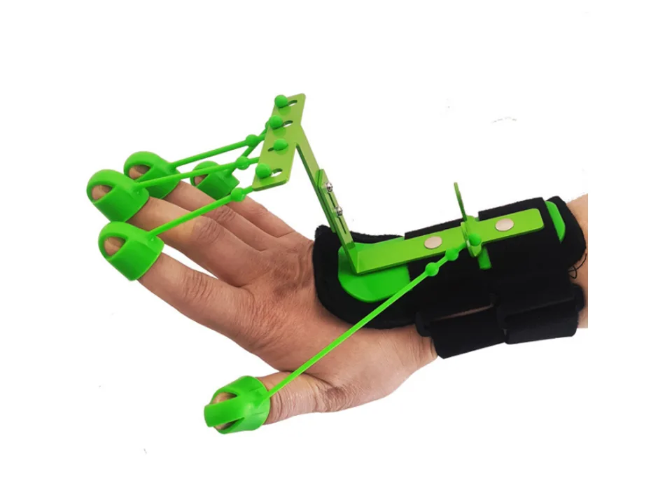 Side view of a hand wearing a green finger and wrist extensor trainer.