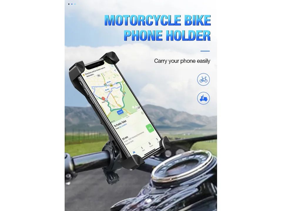 Motorcycle phone holder mounted on handlebars with a phone displaying a map.