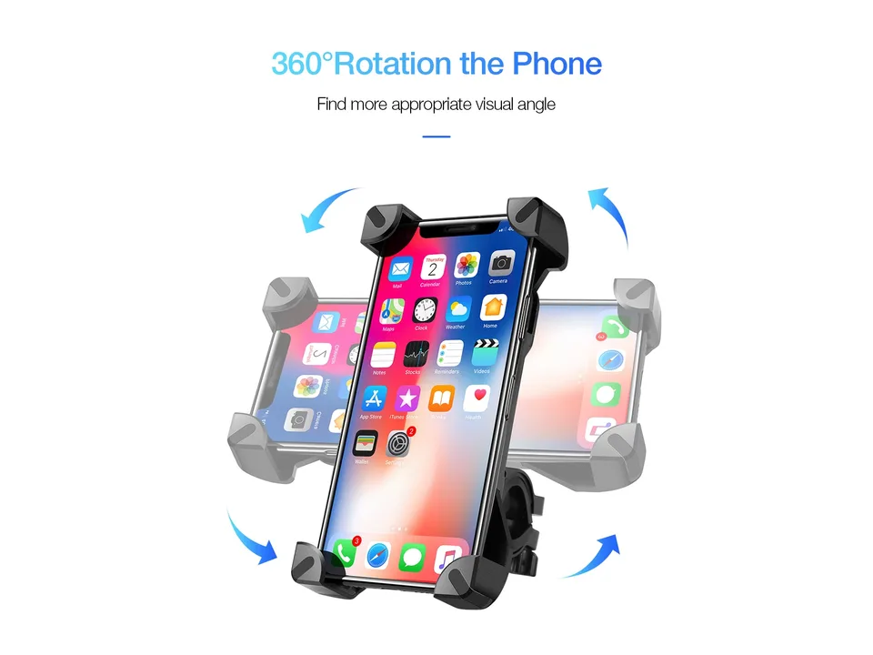 Phone holder showing the ability to rotate the phone to different angles.