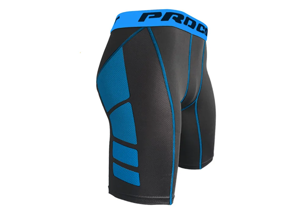 Black compression shorts with blue accents.