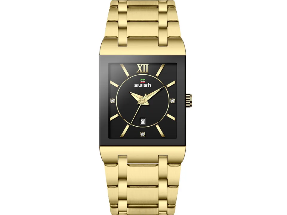Gold analog watch with a black face and metal band.