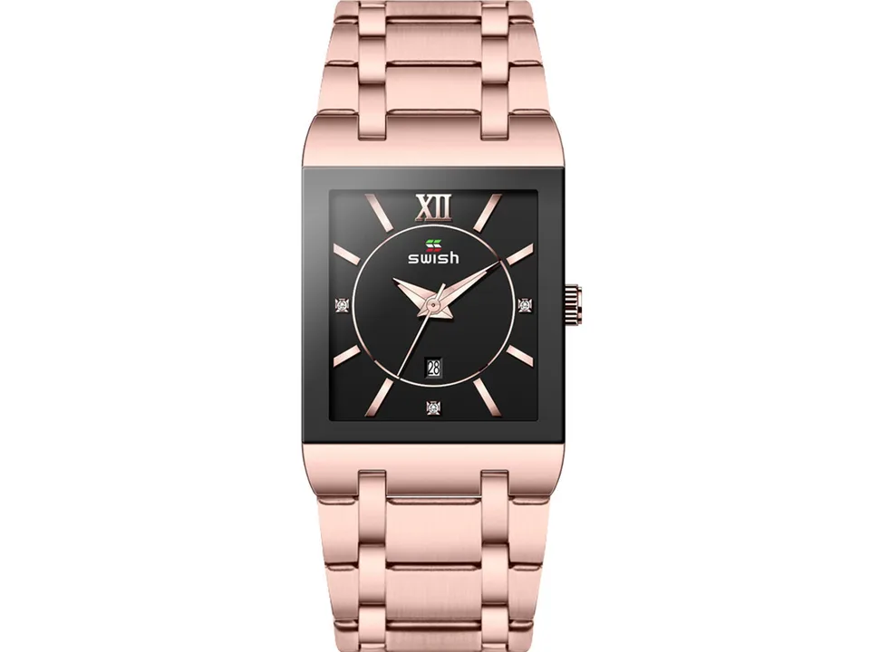 Rose gold analog watch with a black face and metal band.